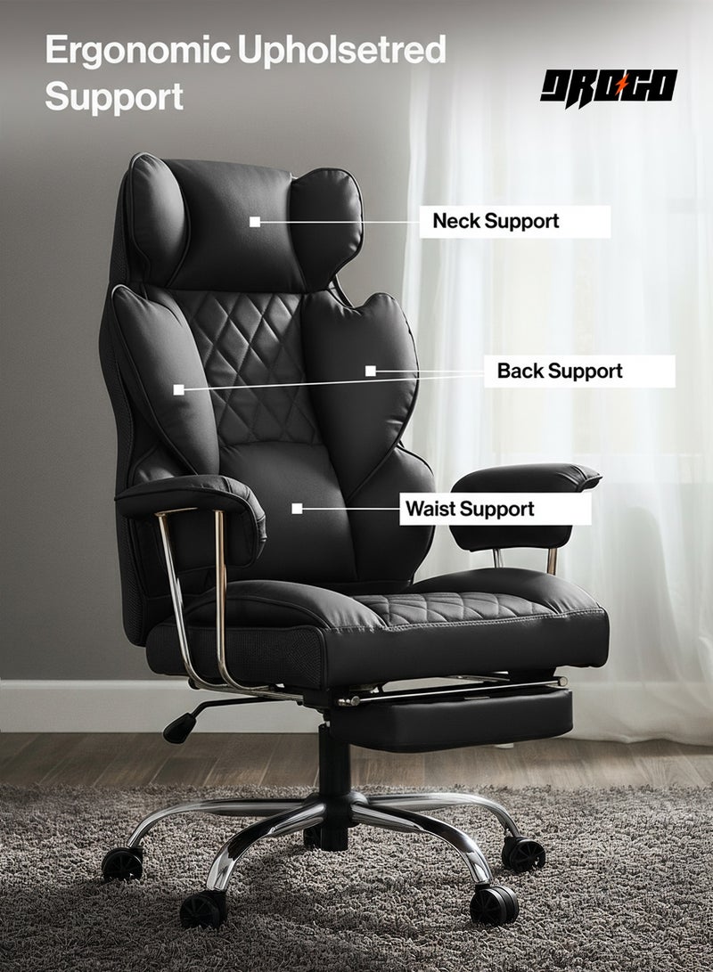 دراجو كرسي مكتب منزلي كبير الحجم وطويل القامة مع مسند للقدمين، مصنوع من الجلد الصناعي، مزود بدعم قطني بنوابض جيبية | كرسي مكتب دوار مريح بتصميم هندسي | كرسي ألعاب كمبيوتر مريح مع مسند للذراعين | كرسي استرخاء أسود قابل لتعديل الارتفاع مع ظهر مرتفع - Image 3